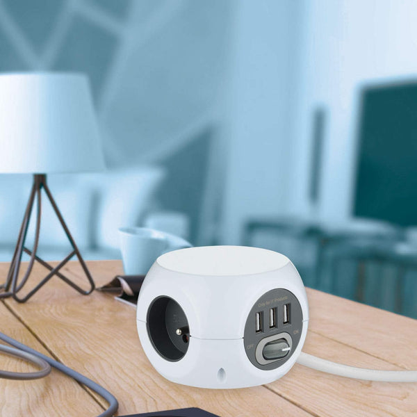 Mini Cube avec 3 Ports USB 2.4A, Bloc 3 Prises avec Interrupteur, Rallonge Multiprise 3M, Blanc