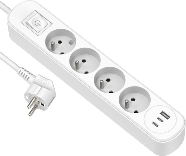 Electraline 35621 Bloc Multiprise Prima 4 Prises 16A + 3 USB (1 USB A + 2 USB C PD20W) avec Interrupteur, Câble 1.5M, Blanc/Noir