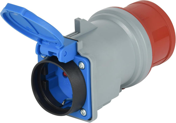 Adaptateur Industriel IP44 CEE de Prise Schuko 16A vers fiche CEE 3 pôles (3P+N+T) avec Capuchon
