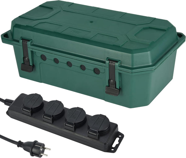 Boîte de protection étanche pour extérieure résistant aux intempéries IP54 avec Bloc Multiprise inclus 4 prises IP44 avec capuchons, Câble de 5m H05RR-F 3G1.5,Vert, X-Large