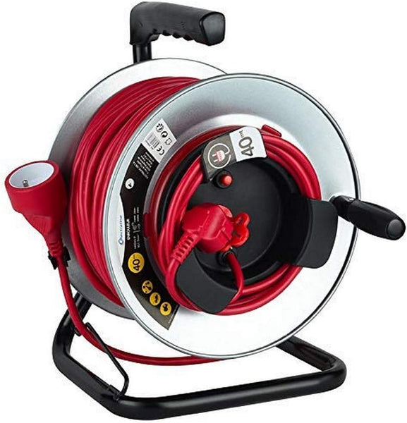 Enrouleur Jardin Professionnel avec Prolongateur en métal avec Platine Fixe, 40m, H05VV-F 3G1.5m㎡, avec Guide pour Le câble, Rouge