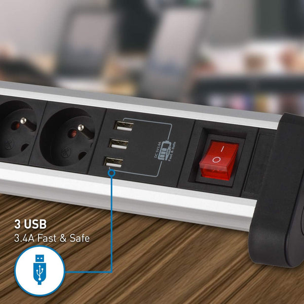 Bloc Multiprise de Bureau Encastrable 3 Prises+ 3USB 3.4A, Longueur 1, 5 M, Section 3G1 mm², Noir