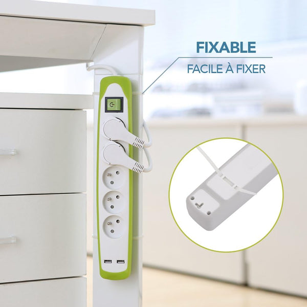 Bloc Multiprise 3 prises et 2 USB, Couverture en silicone protection contre impacts, Câble 2M, Fiche plat, Couleurs Blanc et Gris, Blanc et Vert, Noir et Gris
