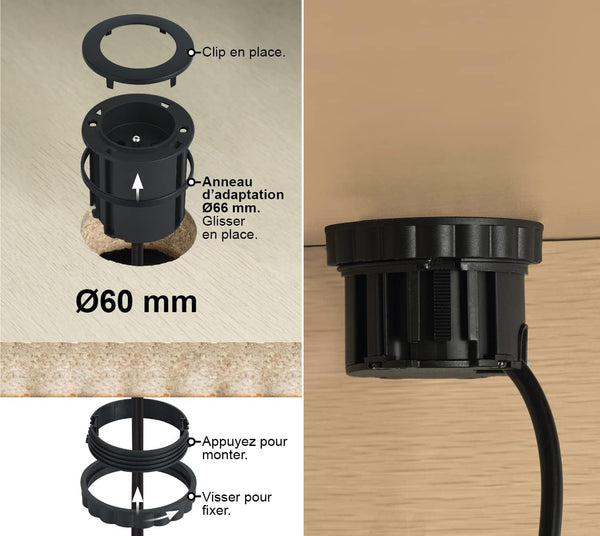 Bloc Multiprise Encastrable Compacte avec 1 Prise 16A pour Bureau / Table, 54 mm de diamètre ou 60mm standard avec adaptateur (inclus), Facile a Installer, Prolongateur de 2M