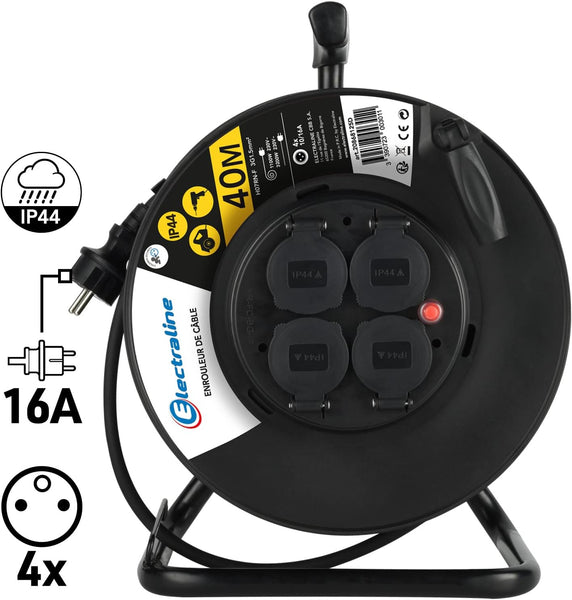 Rallonge Prolongateur électrique IP44 Profesionnelle 25m/40m avec enrouleur Noir - Section 3G1,5 mm²