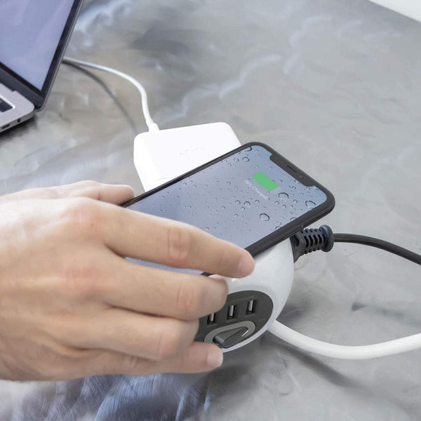 Mini Cube avec chargeur rapide sans fils, Fast Wireless Charger QI, 3 Ports USB 2.4A, Bloc 3 Prises avec Interrupteur, Rallonge Multiprise 1,5M, Blanc