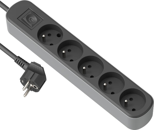 Bloc Multiprise Prima 5 Prises 16A avec Interrupteur, Longueur 1.5/3M Mètres, Noir/Gris ou Blanc/Gris