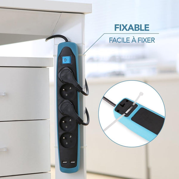 Bloc Multiprise 5 prises et 2 USB, Couverture en silicone protection contre chocs, Câble 2M, Fiche plat, Couleurs Blanc et Gris, Blanc et Bleu, Noir et Gris, Noir et Blue