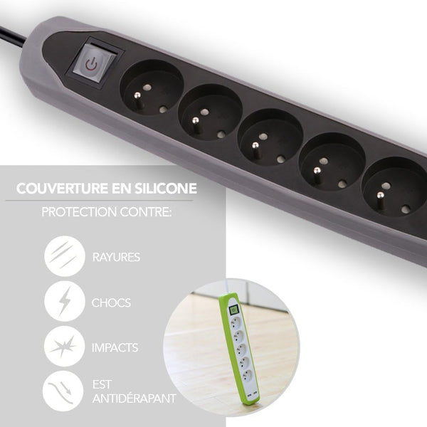Bloc Multiprise 3 prises et 2 USB, Couverture en silicone protection contre impacts, Câble 2M, Fiche plat, Couleurs Blanc et Gris, Blanc et Vert, Noir et Gris