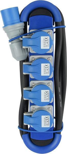 Bloc Multiprise Outdoor Camping avec Fiche CEE, 4 Prises CEE 16A (2P+T) IP44, Accrochable avec 2 crochets + serre-câbles élastiques, Câble H07RN-F 3G2.5 3M adapté camping, caravane