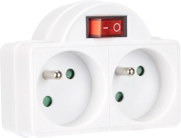 Adapteur Fiche Multiprise Biplite avec Interrupteur 2 Prise 16A, Blanc