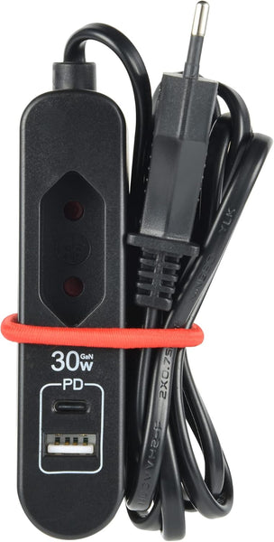 Chargeur Portable 30W, Power Delivery (PD) avec 2 USB (1 Type A + 1 Type C Protocole PPS : Max. 30W) pour charger tous les appareils, Câble d'extension 1.5M, Prise Européenne