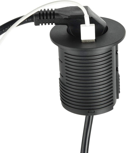 Bloc Multiprise Encastrable Compacte avec 1 Prise + 1 Port USB 2.0A Charge Rapide, pour Bureau/Table, 60 mm de diamètre, Facile a Installer, prolongateur de 2m de câble, Noir