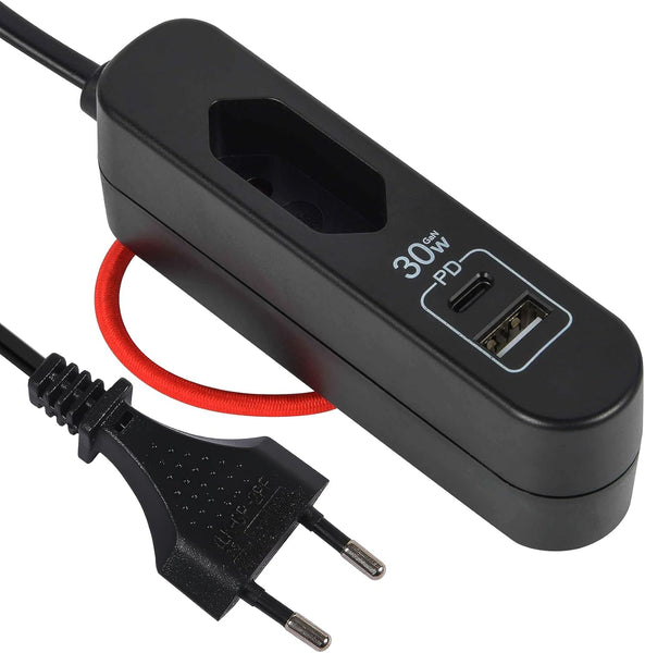 Chargeur Portable 30W, Power Delivery (PD) avec 2 USB (1 Type A + 1 Type C Protocole PPS : Max. 30W) pour charger tous les appareils, Câble d'extension 1.5M, Prise Européenne