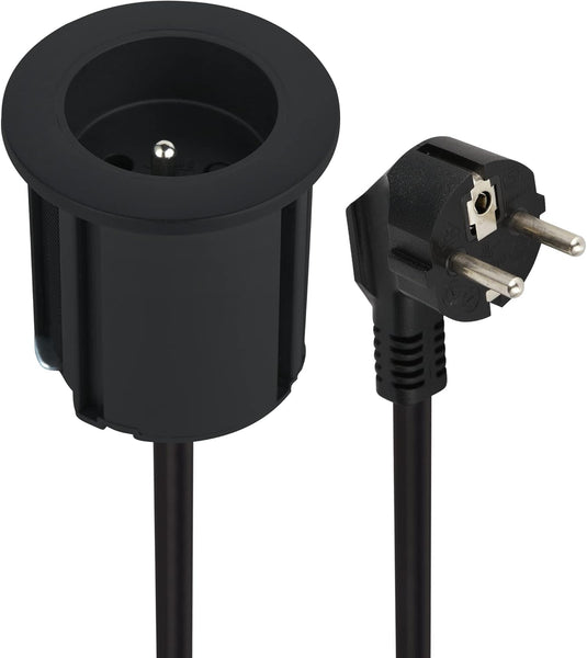 Bloc Multiprise Encastrable Compacte avec 1 Prise 16A pour Bureau / Table, 54 mm de diamètre ou 60mm standard avec adaptateur (inclus), Facile a Installer, Prolongateur de 2M