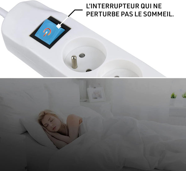 Bloc Multiprise 5 Prises Françaises + 2 USB (3.4A 17W A+1 Type C), Avec interrupteur On/Off, Fiche Extra Plate 90° 16A, Câble 1.5M, Blanc/Noir