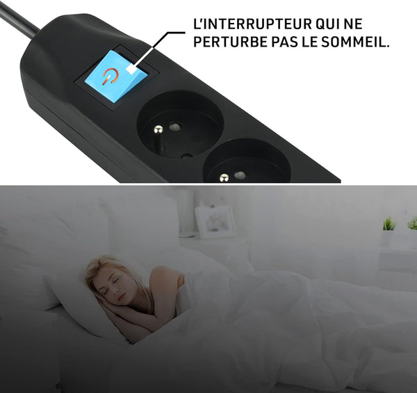 Bloc Multiprise 5 Prises Françaises + 2 USB (3.4A 17W A+1 Type C), Avec interrupteur On/Off, Fiche Extra Plate 90° 16A, Câble 1.5M, Blanc/Noir