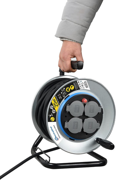 Enrouleur Electrique Professionnel 25m/40m pour Chantier en Métal 4 Prises IP44 avec Guide, Platine Fixe et poignée Ergonomique, Câble en Caoutchouc H07RN-F 3G1.5