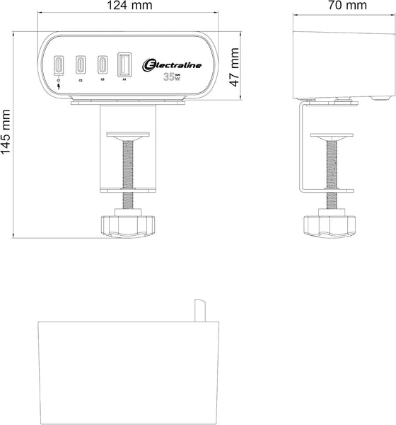 Bloc Multiprise pour Bureaux Electradock avec 2 Prises Françaises + 4 USB (3 USB C (Power Delivery) PD35W + 1 USB A QC) + 1 support de bureau inclus