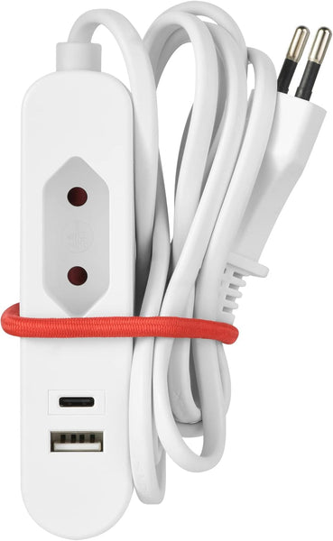 Extension électrique Adaptateur de Voyage européen (Type Europlug C) / Chargeur de Charge Rapide Portable avec 2 Ports USB 2.4A (1 USB type A + 1 USB type C), 1.5M de câble, Blanc