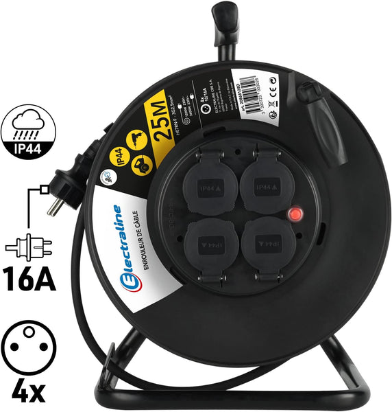 Rallonge Prolongateur électrique IP44 Profesionnelle avec Enrouleur 25m/40m,câble en Caoutchouc H07RN-F 3G2.5 mm², 4 Prises 16A