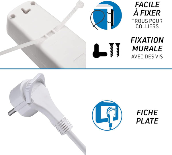 Bloc Multiprise 5 Prises Françaises + 2 USB (3.4A 17W A+1 Type C), Avec interrupteur On/Off, Fiche Extra Plate 90° 16A, Câble 1.5M, Blanc/Noir