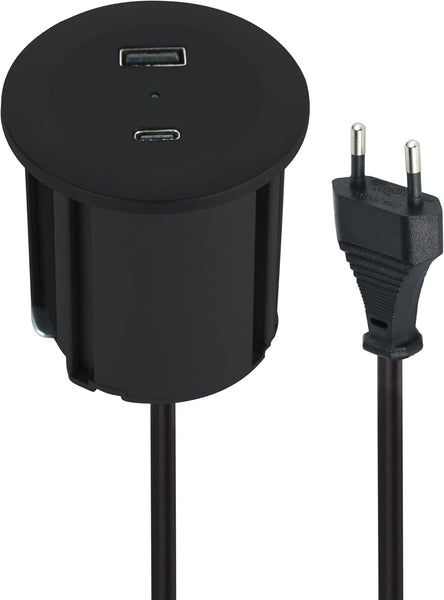 Bloc Multiprise Encastrable Compacte avec 2 Prise USB 45W (1 type C Power Delivery + 1 type A 3.0A Q.C.), pour Bureau/Table, Diamètre 54mm ou 60 avec adaptateur inclus, 3M
