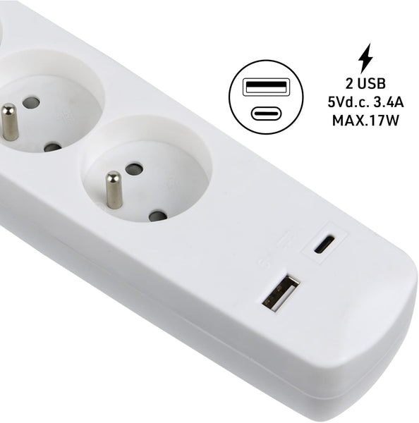 Bloc Multiprise 5 Prises Françaises + 2 USB (3.4A 17W A+1 Type C), Avec interrupteur On/Off, Fiche Extra Plate 90° 16A, Câble 1.5M, Blanc/Noir
