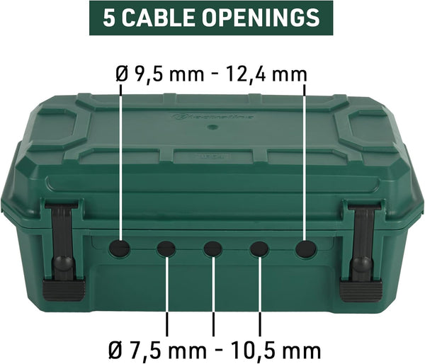Boîte de protection étanche IP54 Large Vide/ Vide X-Large, Organisateur de câbles 5 sorties pour câble (de 7,5 mm à 12,4 mm), Possibilité de fixation au mur, Dimension 320 x 180 x 126 mm/ Dimension 390x228x138, Vert