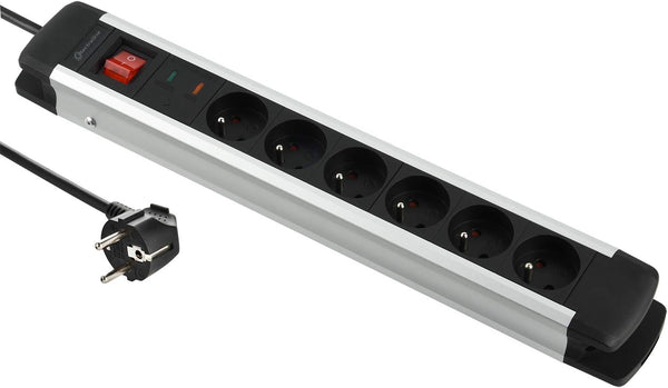 Alu-Line Bloc Multiprise 6 Prises avec corps en aluminium et protection contre les surtensions, 2m, Noir