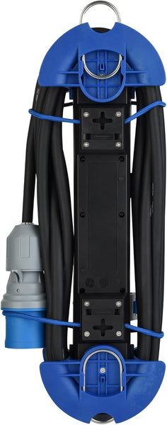 Bloc Multiprise Outdoor avec Fiche CEE, 2 Prises Schuko + 2 CEE IP44, Accrochable avec 2 crochets + serre-câbles élastiques, Câble H07RN-F 3G2.5 Longueur 5M adapté camping, caravane