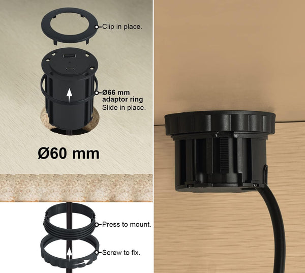 Bloc Multiprise Encastrable Compacte avec 2 Prise USB 45W (1 type C Power Delivery + 1 type A 3.0A Q.C.), pour Bureau/Table, Diamètre 54mm ou 60 avec adaptateur inclus, 3M