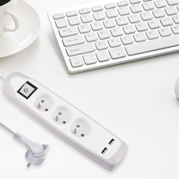 Bloc Multiprise 3 prises et 2 USB, Couverture en silicone protection contre impacts, Câble 2M, Fiche plat, Couleurs Blanc et Gris, Blanc et Vert, Noir et Gris