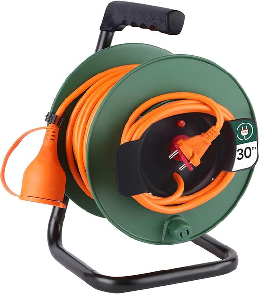 Rallonge Prolongateur Jardin 25M/30M/40M/50M avec enrouleur 16A - Section 2x1,5 mm², Orange/Vert, Prise - 2 Broches (EU)