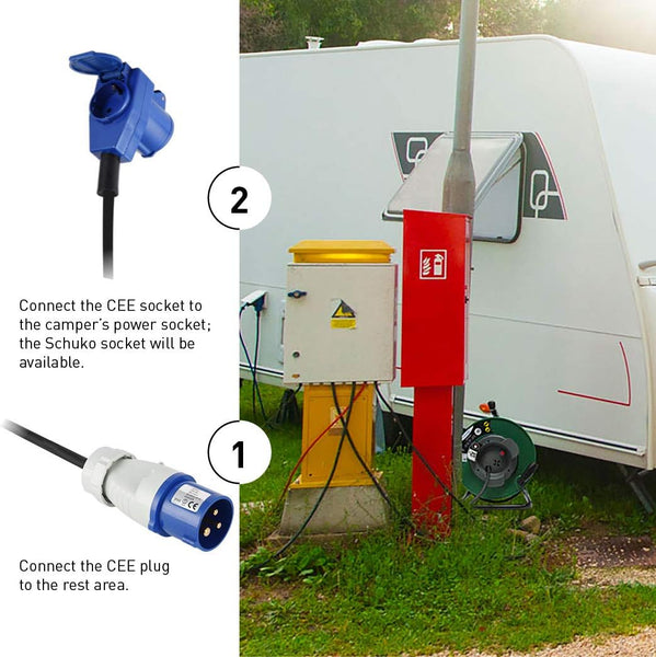 Rallonge Electrique en Caoutchouc avec Enrouleur de Câble Car, Camping, Caravane, avec Fiche CEE tripolaire et Un Price Industrielle IEC-IP44, Vert/Noir, 25m