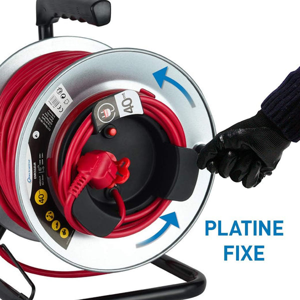 Enrouleur Jardin Professionnel avec Prolongateur en métal avec Platine Fixe, 40m, H05VV-F 3G1.5m㎡, avec Guide pour Le câble, Rouge