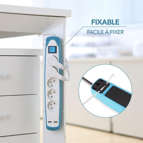 Bloc Multiprise 5 prises et 2 USB, Couverture en silicone protection contre chocs, Câble 2M, Fiche plat, Couleurs Blanc et Gris, Blanc et Bleu, Noir et Gris, Noir et Blue