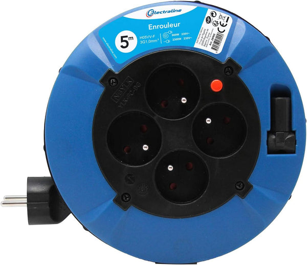 Enrouleur Rallonge Ménager Domestique avec 4 Prises 16A, Câble 5m-Section 3G1 mm², Blue
