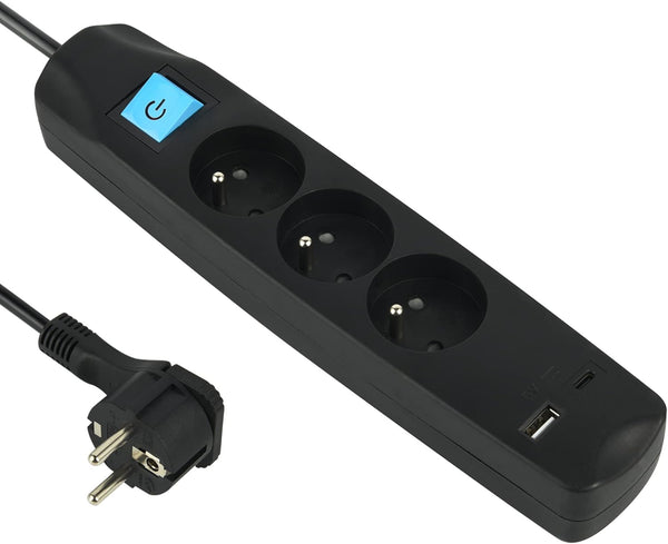 Bloc Multiprise 3 Prises Françaises + 2 USB 3.4A 17W (1 Type A + 1 Type C), Avec interrupteur ON/OFF, Fiche Extra Plate 90° 16A, Câble 1.5M, Blanc/ Noir