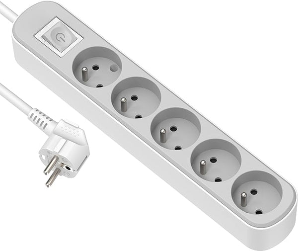 Bloc Multiprise Prima 5 Prises 16A avec Interrupteur, Longueur 1.5/3M Mètres, Noir/Gris ou Blanc/Gris