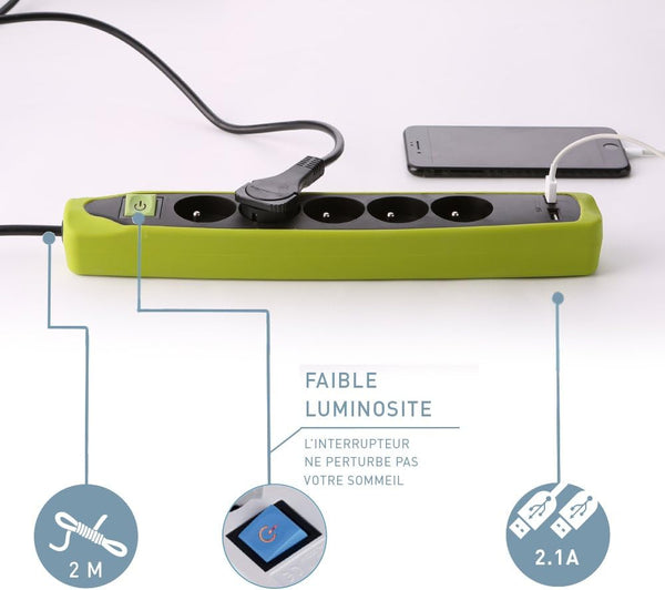 Bloc Multiprise 3 prises et 2 USB, Couverture en silicone protection contre impacts, Câble 2M, Fiche plat, Couleurs Blanc et Gris, Blanc et Vert, Noir et Gris