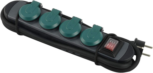 Bloc Multiprises Étanche Professionnel avec Enrouleur, 4 Prises 16A, Câble en Caoutchouc 1.8m, H07RN-F 3G1,5 mm², IP44, Noir/Vert