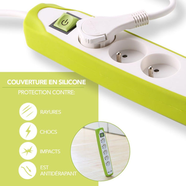 Bloc Multiprise 3 prises et 2 USB, Couverture en silicone protection contre impacts, Câble 2M, Fiche plat, Couleurs Blanc et Gris, Blanc et Vert, Noir et Gris