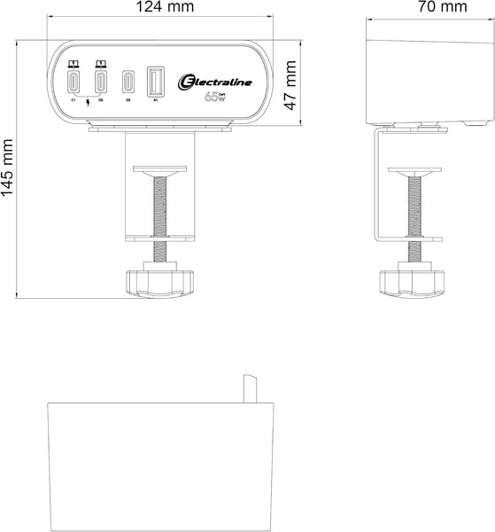Bloc Multiprise pour Bureaux Electradock avec 2 Prises Françaises + 4 USB (3 USB C (Power Delivery) PD65W + 1 USB A QC) + 1 support de bureau inclus
