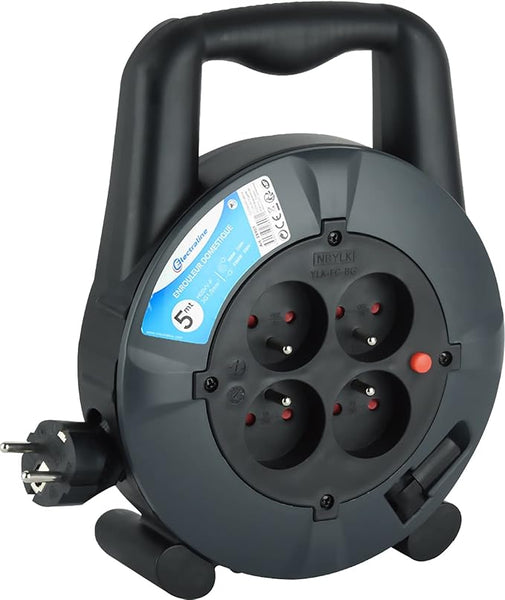 Enrouleur Rallonge Ménager Domestique Section de Câble3G1mm², 5M/10M/15M, 4 Prises 16A, Noir
