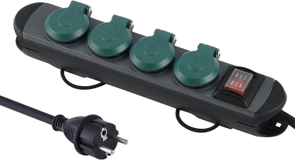 Bloc Multiprises Étanche Professionnel avec Enrouleur, 4 Prises 16A, Câble en Caoutchouc 1.8m, H07RN-F 3G1,5 mm², IP44, Noir/Vert