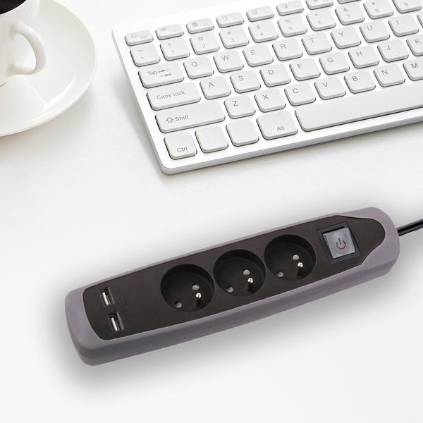 Bloc Multiprise 3 prises et 2 USB, Couverture en silicone protection contre impacts, Câble 2M, Fiche plat, Couleurs Blanc et Gris, Blanc et Vert, Noir et Gris