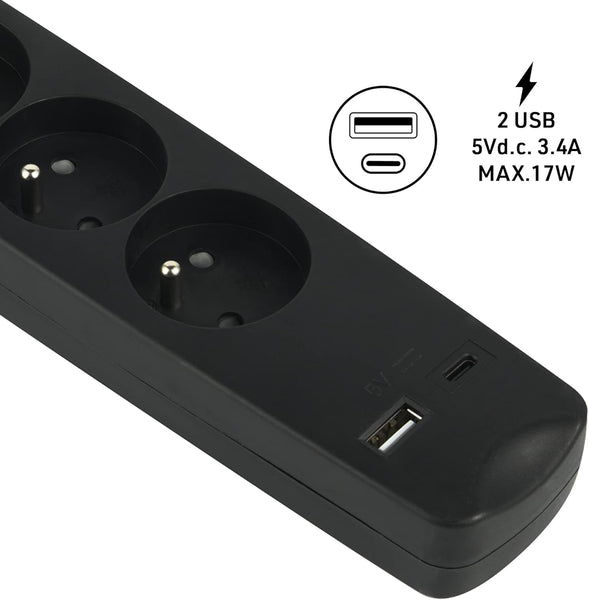 Bloc Multiprise 5 Prises Françaises + 2 USB (3.4A 17W A+1 Type C), Avec interrupteur On/Off, Fiche Extra Plate 90° 16A, Câble 1.5M, Blanc/Noir