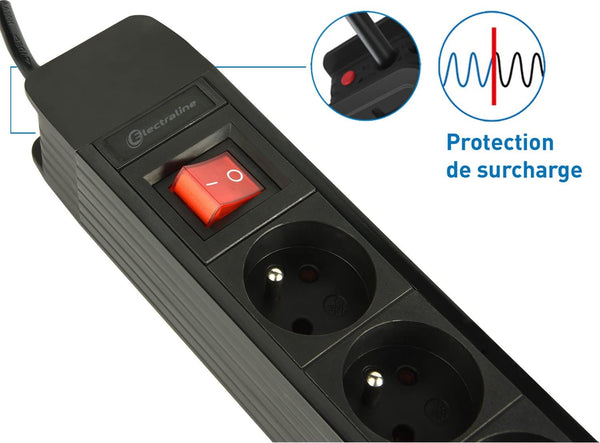 Bloc Multiprises 10 Prises + 2 Interrupteurs, Enrouleur de câble, Protection contre se surcharge, Longueur 1,5 M Section 3G1 mm², Noir