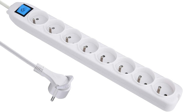 Bloc Multiprise 8 Prises avec interrupteur - câble 1,5m - fiche plate Blanc/Noir